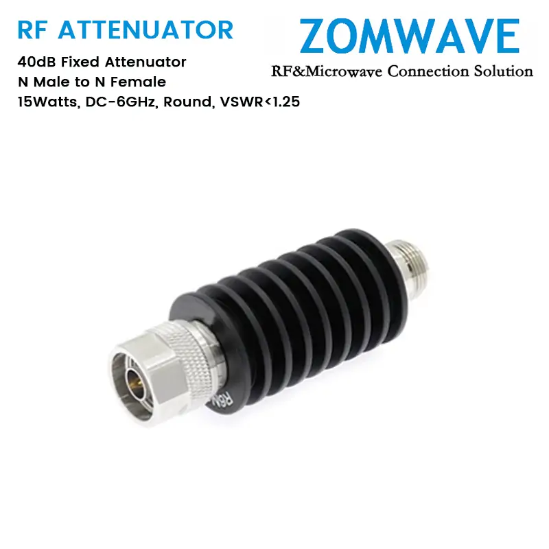 40dB Fixed Attenuator, N Male to N Female, 15Watts, DC-6GHz, Round, VSWR1.25